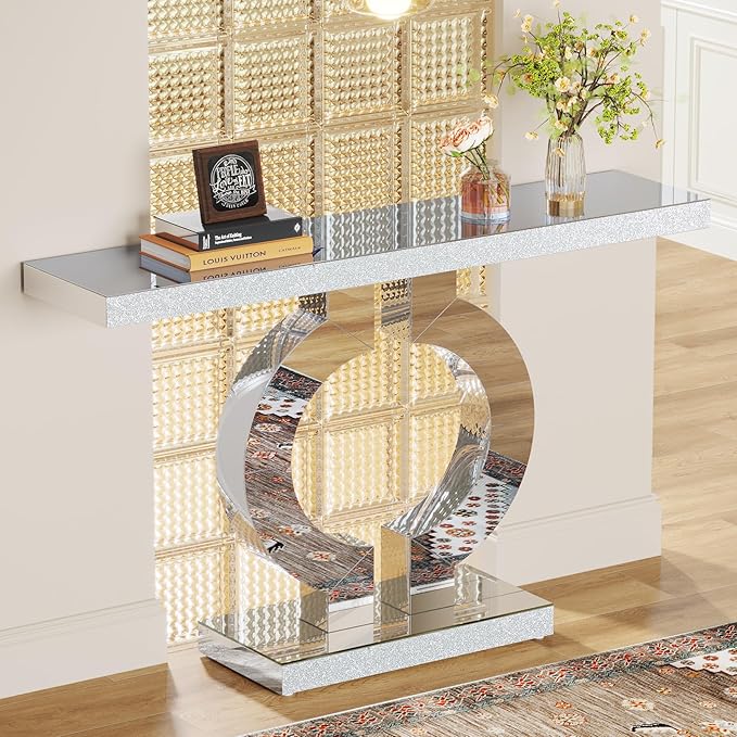 Tribesigns Modern Mirrored Console Table, Glass Sofa Table with Mirror Finish, 43-Inch Entryway Table with O-Shaped Base, Rectangular Accent Foyer Table for Living Room Hallway Entrance (Silver)