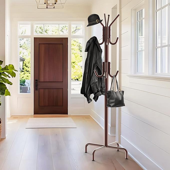 Simple Houseware Standing Coat and Hat Hanger Organizer Rack, 12 Hooks, Bronze