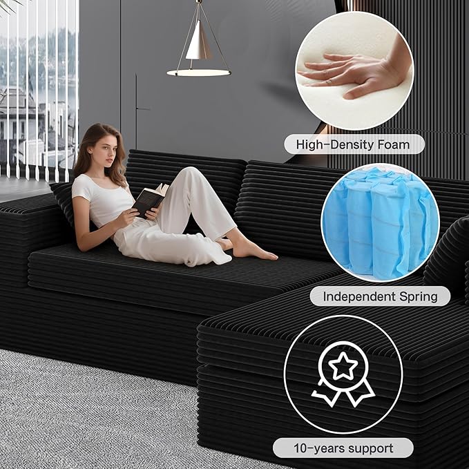 108-inch Boneless Couch for Living Room，Comfy Boneless Sofa with Deep Seats & Chaise Lounge, 3-Seat Modular Sofa Memory Foam Sectional Couches - No Assembly Required(Dark Black)