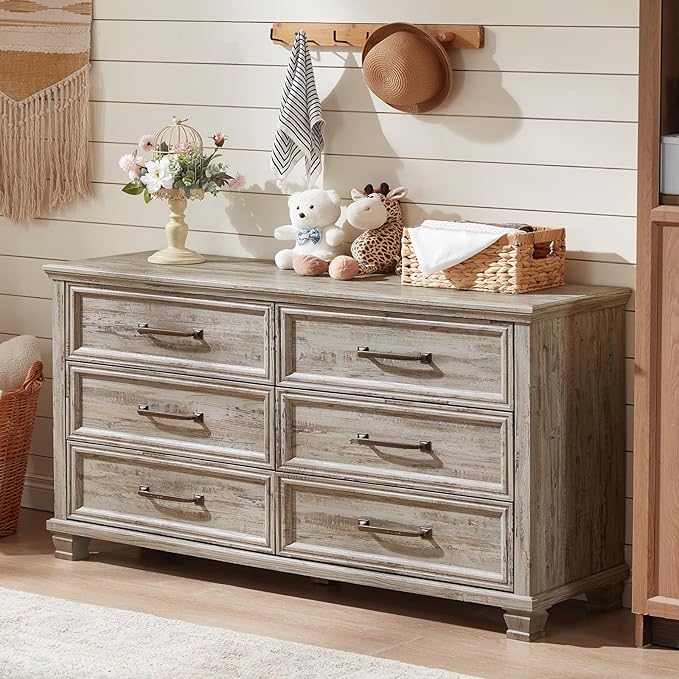 Farmhouse Bedroom Dresser and Nightstand Set of 4, 6 Drawer Low & 5 Drawers Dresser & 2 Drawer Nightstand Set, Rustic Wood Bedroom Furniture Set for Livingroom, Hallway, Grey