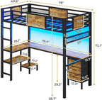 ADORNEVE Loft Bed Twin Size with L-Shaped Desk, LED Lights,Charging Station, Twin Metal Loft Bed Frame with Fabric Drawers & Shelve, 13.4" H Safety Guardrail, No Box Spring Needed, Rustic Brown