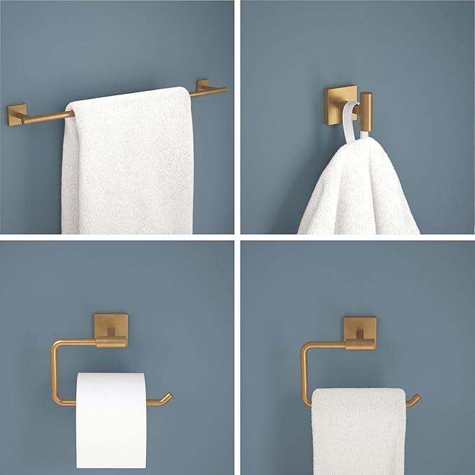 Franklin Brass Nash 4-Piece Bathroom Set Satin Gold 18" Towel Bar Rack w/ 6" Extender, Toilet Paper Holder, Hand Towel Holder, Hook | Bathroom Accessory Set Towel Holder Hardware NASH64-SG