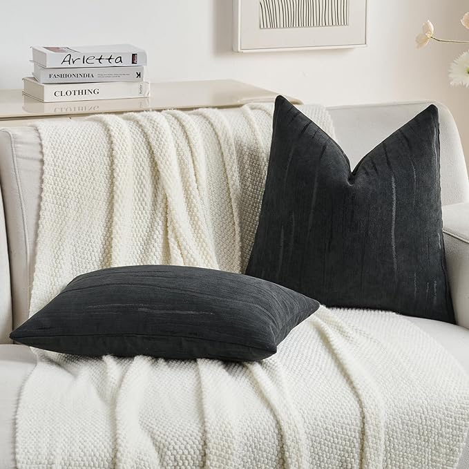 FUTEI Black Chenille Decorative Throw Pillow Covers 16x16 Inch Set of 2,Soft Embossed Striped Textured Cushion Case,Modern Home Decor for Couch Bed Living Room