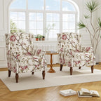 Accent Chair, Upholstered High Back Floral Armchair with Nailhead Trim & Wood Legs, Comfy Wingback Reading Single Sofa Chair for Small Spaces, Living Room, Bedroom (Pink Floral, Set of 2)
