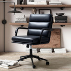 HULALA HOME Modern Faux Leather Home Office Chair with Tilt Lock & Metal Base, Desk Chair with Wheels & Padded Cushion, 360° Swivel Wide Seat Computer Task Chair, Navy