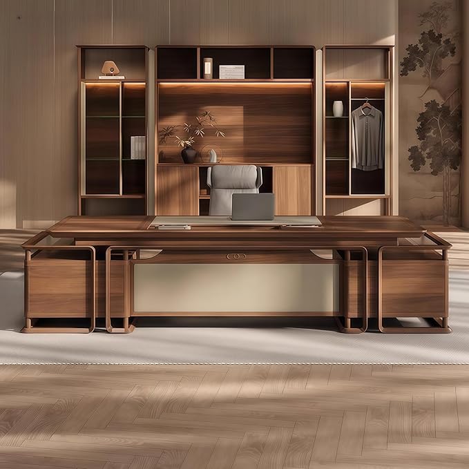 Executive Desk, 102.4 inch Executive Wood Desks L Shape Desk with Drawers with Drawers and Lockable Storage No Installation Required Without Display Racks and Bookshelves