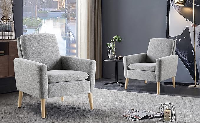 Lohoms Mid Century Modern Accent Chair, Fabric Upholstered Comfy Reading Leisure Chair for Bedroom, Living Room Stuffed Seat Single Sofa Chair with Wood Legs, Grey