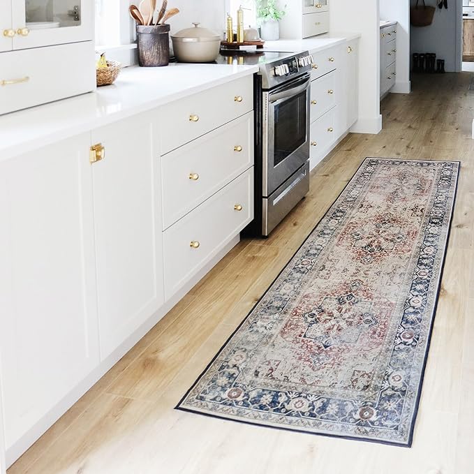 RUGGABLE Washable Vintage Area Rug – Kamran Royal Blue 9x12, Stain-Resistant, Non-Slip – Large Machine Washable Rugs for Living Room, Bedroom, Hallway, Entryway & Office–with Standard Pad