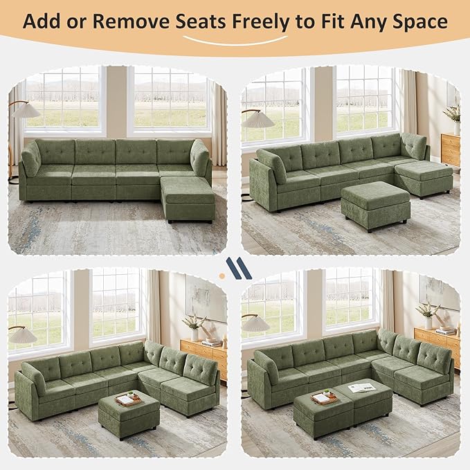 VANOMi 6 Seat Cloud Couches for Living Room with 2 Ottomans, 118" Convertible Modular Sectional Sofa Bed, Comfy Chenille Sofas & Couches for Living Room, Apartment, Office, Olive Green, Large Sofa Bed