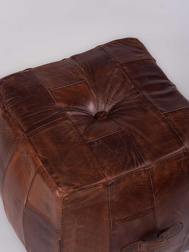 Handmade Eco-Friendly Geometric Leather Pouf Brown Color Square 16" x 16" x 16" Buffalo Leather Pouf for Living Room, Bedroom Seating, Patio