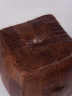 Handmade Eco-Friendly Geometric Leather Pouf Brown Color Square 16" x 16" x 16" Buffalo Leather Pouf for Living Room, Bedroom Seating, Patio