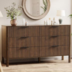 55" Wide Fluted 6 Drawer Dresser for Bedroom, Wooden Dresser Modern Chest of Drawers TV Stand Dressers with Organizer Storage for Bedroom, Living Room, Entryway, Hallway, Walnut