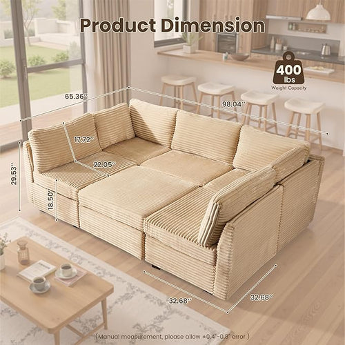 130'' Modern Modular Sectional Sofa with Movable Ottoman,5 Seats Cloud Comfort Corduroy Fluffy Couch,L Shaped Convertible Sofa Couch for Living Room,Beige