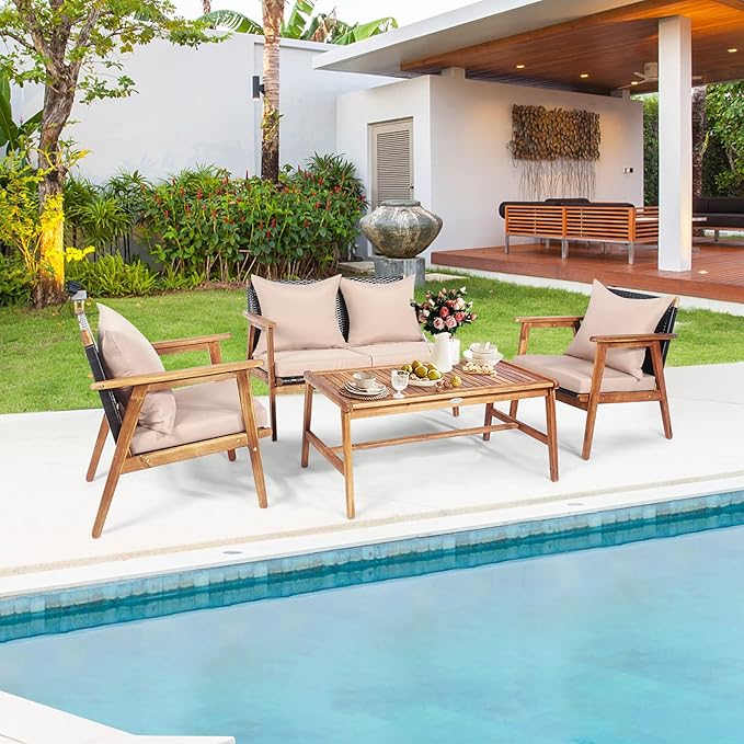 COSTWAY 4 Pieces Acacia Wood Patio Conversation Set, Outdoor Wicker Sofa with Coffee Table & Cushions, Patio Rattan Furniture Set for Yard, Porch, Poolside, Balcony, Backyard, Beige