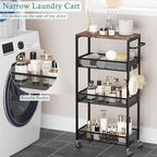 Slim Storage Cart 4 Tier Fruit and Vegetable Baskets for Kitchen Small Space, Narrow Laundry Cart on Wheels with Wooden Top and Metal Handle for Pantry, Bathroom, Laundry Room