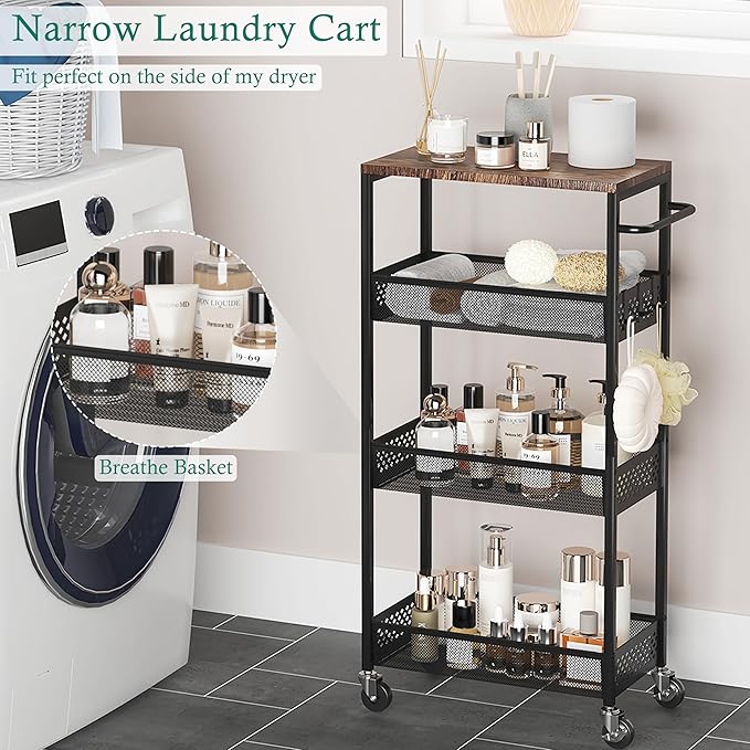 Slim Storage Cart 4 Tier Fruit and Vegetable Baskets for Kitchen Small Space, Narrow Laundry Cart on Wheels with Wooden Top and Metal Handle for Pantry, Bathroom, Laundry Room