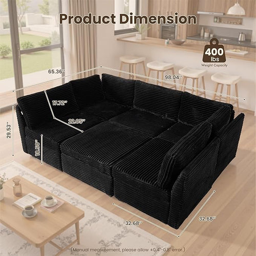 130'' Modern Modular Sectional Sofa with Movable Ottoman,5 Seats Cloud Comfort Corduroy Fluffy Couch,L Shaped Convertible Sofa Couch for Living Room,Black