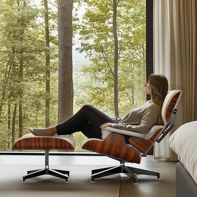 Top White PU Leather, Mid Century Chaise Lounge Chair and Ottoman, Modern Chair Classic Design, Palisander Wood, Heavy Duty Base Support for Living Room Office