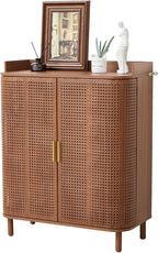 ORRD Shoe Cabinet, 5 Tier Boho Wooden Shoe Storage Organizer Cabinet with Adjustable Shelves, Shoes Rack with Iron Rattan Curved Doors Accent Cabinet for Entryway Hallway Living Room, Walnut