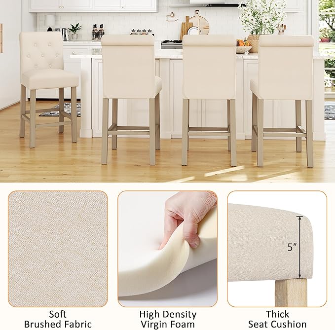 GOTMINSI 24" Bar Stools Set of 2 for Kitchen Island Upholstered Counter Height Bar Stools with Button Tufted Decoration Barstools Home Kitchen Island Wooden Bar Chairs Beige