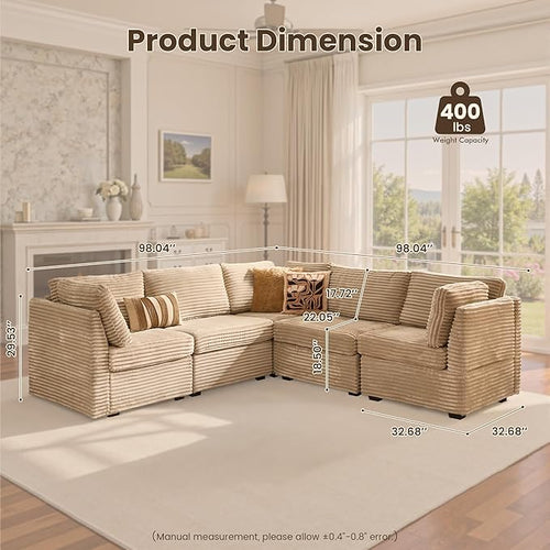 130'' Modern Modular Sectional Sofa,5 Seats Cloud Comfort Corduroy Fluffy Couch,L Shaped Convertible Sofa Couch for Living Room,Beige