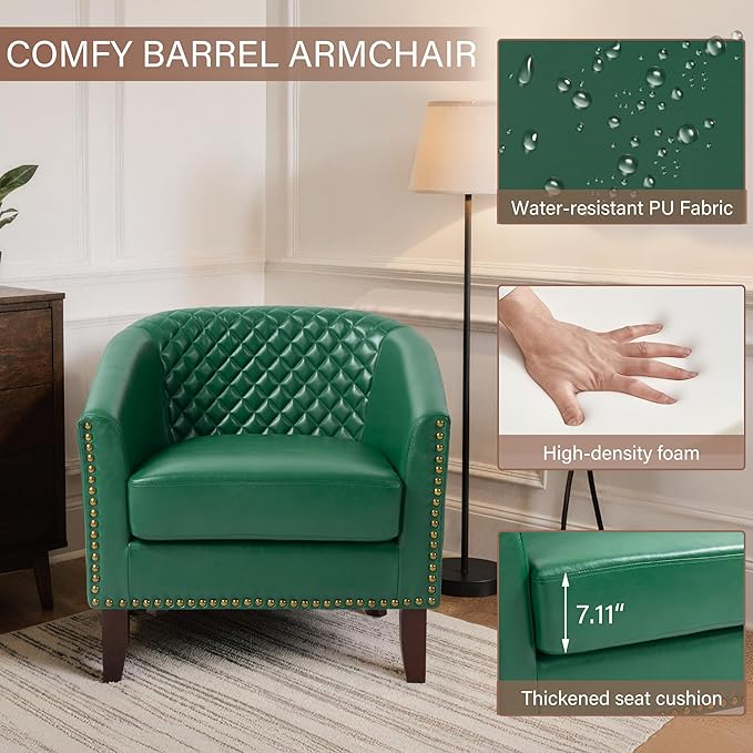 Pia Ricco Faux Leather Barrel Accent Chair, Modern Club Arm Chair Comfy Upholstered Single Sofa Chair with Solid Wood Legs and Nailhead Trim for Living Room/Reading Room (Green)