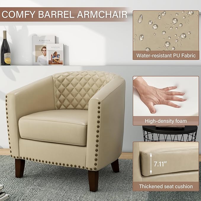 Pia Ricco Faux Leather Barrel Accent Chair, Modern Club Arm Chair Comfy Upholstered Single Sofa Chair with Solid Wood Legs and Nailhead Trim for Living Room/Reading Room, Beige
