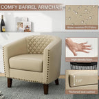 Pia Ricco Faux Leather Barrel Accent Chair, Modern Club Arm Chair Comfy Upholstered Single Sofa Chair with Solid Wood Legs and Nailhead Trim for Living Room/Reading Room, Beige