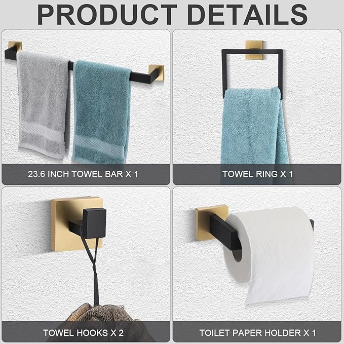 Gisafai 5 Pcs Bathroom Hardware Accessories Set 23.6 Inch Bath Towel Bar Kit Stainless Steel Bathroom Hardware Set Towel Racks Ring Hooks Paper Holder for Wall Mounted (Black Gold)