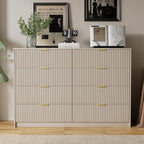 Beige Dresser for Bedroom, Modern Dresser with 8 Drawers and Smooth Slides, Wide Chest of Drawers with Golden Handles for Bedroom, Closet, 15.7" D x 55" W x 37.4" H