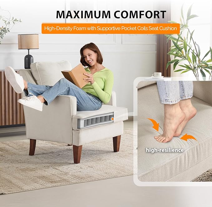 VINGLI Mid-Century Modern Accent Chair, Beige Upholstered Armchair Comfy Sofa Chair Reading Chair High Back for Living Room Bedroom Furniture Apartment