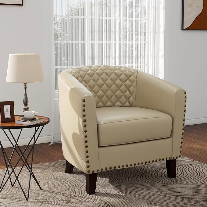 Pia Ricco Faux Leather Barrel Accent Chair, Modern Club Arm Chair Comfy Upholstered Single Sofa Chair with Solid Wood Legs and Nailhead Trim for Living Room/Reading Room, Beige