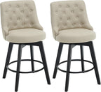 MINCETA Set of 2 Upholstered Bar Stools - 26 Inch Swivel Counter Height Stools with Low Tufted Back, Footrest & Performance Fabric - Khaki Round Seat for Kitchen Island & Home Bar