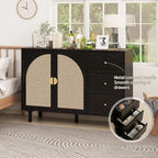 Black Sideboard Cabinet with 2 Rattan Doors and 3 Drawers, Rattan Buffet Cabinet with Adjustable Shelves & Pine Legs, Boho Sideboard Buffet for Living Room, Kitchen, Entryway, Black