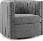 CHERS Rivet Mid-Century Modern Swivel Armchair, Bouclé Fabric Channel-Tufted Accent Chair, 360-Degree Rotating Lounge Chair with Ergonomic Design for Living Room, Bedroom, Home Theater, Gray
