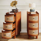 Tribesigns Solid Wood End Table Set of 2, 3-Drawer Rattan Side Table, Night Stand with 3 Rattan Drawers and Exquisite Embossed Handles for Living Room, No Assembly Required (Walnut & Oak)