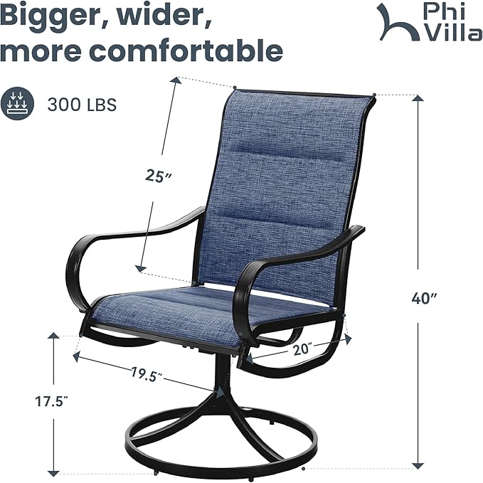 PHI VILLA Patio Swivel Dining Chairs Set of 2, All Weather Outdoor Chair with Padded Textilene & Black Metal Frame for Outdoor Lawn Garden Pooside (Blue)