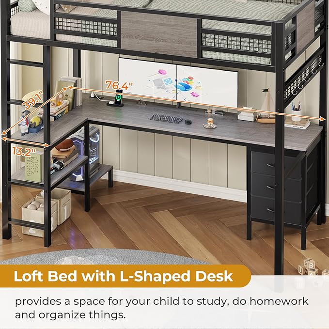 ADORNEVE Loft Bed Twin Size with L-Shaped Desk, LED Lights,Charging Station, Twin Metal Loft Bed Frame with Fabric Drawers & Shelve, 13.4" H Safety Guardrail, No Box Spring Needed, Grey