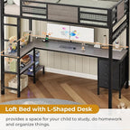 ADORNEVE Loft Bed Twin Size with L-Shaped Desk, LED Lights,Charging Station, Twin Metal Loft Bed Frame with Fabric Drawers & Shelve, 13.4" H Safety Guardrail, No Box Spring Needed, Grey