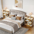 Tribesigns End Table Set of 2, Narrow Faux Marble Side Table with Storage Shelves, 4-Tier Modern Skinny Sofa Side Table with Geometric Metal Frame for Bedroom, Living Room, White & Gold