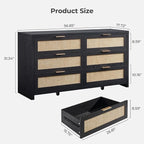 SICOTAS Rattan Dresser for Bedroom, 56.9" Wide 6 Drawer Dresser with Ample Storage, Wooden Dressers Large Chest of Drawers, Closet, Boho TV Stand for Bedroom (Black Oak, 2 Pieces)