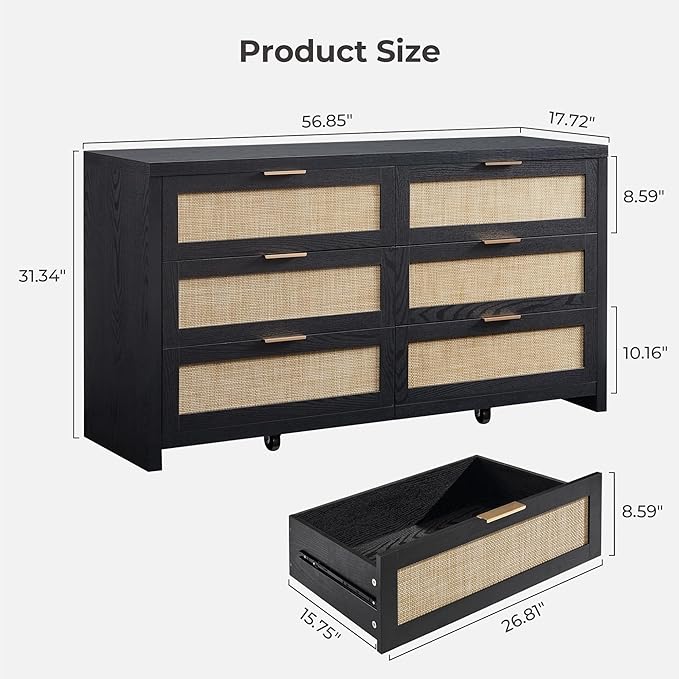 SICOTAS Rattan Dresser for Bedroom, 56.9" Wide 6 Drawer Dresser with Ample Storage, Wooden Dressers Large Chest of Drawers, Closet, Boho TV Stand for Bedroom (Black Oak, 2 Pieces)