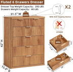 LEYAOYAO Fluted 6 Drawers Dresser for Bedroom Set of 2, 42" Tall Modern Chest of Drawers with Metal Handle, Curved Profile Design,Brown Wood Drawer Organizer for Bedroom, Living Room, Hallway
