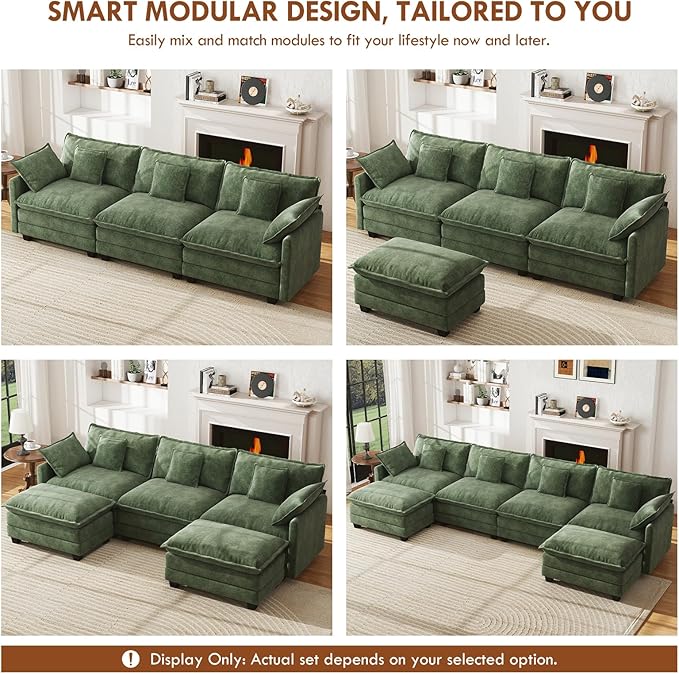 WorthFurni 111.4” Modular Sectional Sofa, U Shape Cloud Couch with 2 Movable Ottoman, Comfy Chenille Deep Seat Sofa with Soft Pillows for Living Room Apartment (Green)