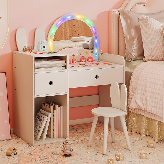 Costzon Kids Vanity, Girls Vanity Set with Mirror and Stool and Lights, Drawers & Storage Compartments, Toddler Makeup Vanity Desk Dressing Table, Wooden Kids Vanity Table and Chair Set (White)
