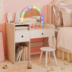 Costzon Kids Vanity, Girls Vanity Set with Mirror and Stool and Lights, Drawers & Storage Compartments, Toddler Makeup Vanity Desk Dressing Table, Wooden Kids Vanity Table and Chair Set (White)