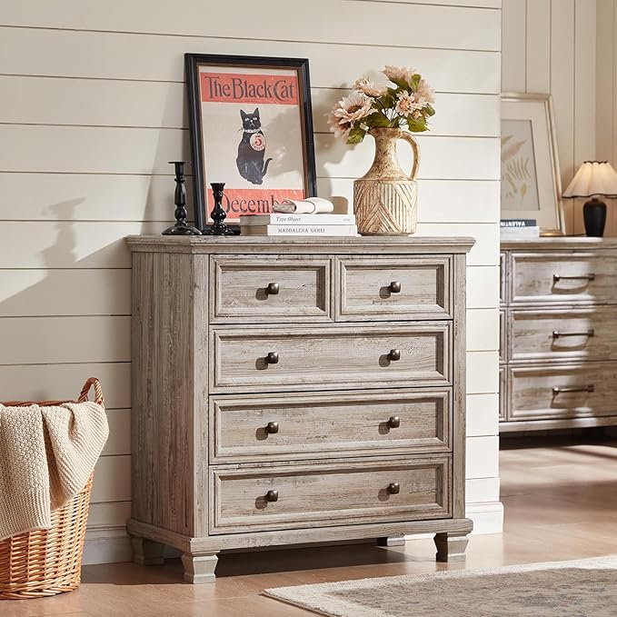 Farmhouse Bedroom Dresser and Nightstand Set of 4, 6 Drawer Tall & 5 Drawers Dresser & 2 Drawer Nightstand Set, Rustic Wood Bedroom Furniture Set for Livingroom, Hallway, Grey