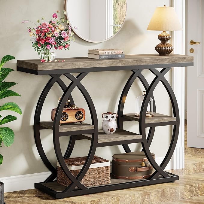 Tribesigns 39.4" Console Table, Industrial 4-Tier Sofa Table Entryway Table with Storage Shelves, Narrow Wood Accent Tables with Metal Frame for Small Spaces, Hallway, Foyer, Grey