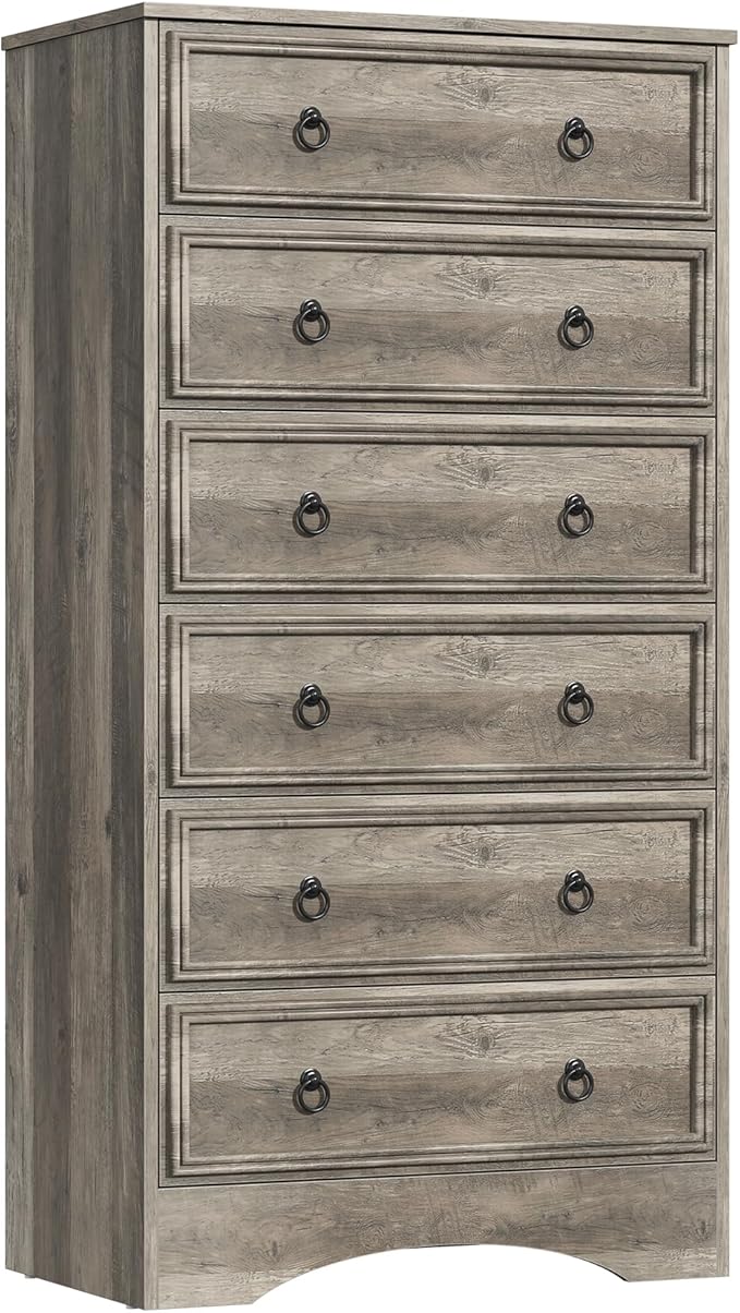 6 Drawer Dresser 52" Tall for Bedroom, Wood 6 Chest Drawers, Storage for Clothes, Narrow Large Drawers, Taupe Vintage, for Living Room, Bedroom, Hallway, Brownish Grey
