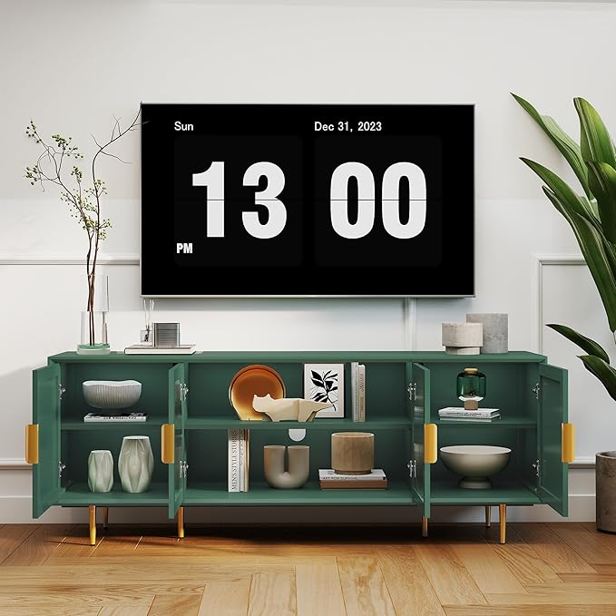66" Modern TV Stand for TVs up to 75",TV Cabinet with Glass Door,Entertainment Center with Storage,Television Stands with Gold Legs,Media Console for Bedroom,Living Room,Green